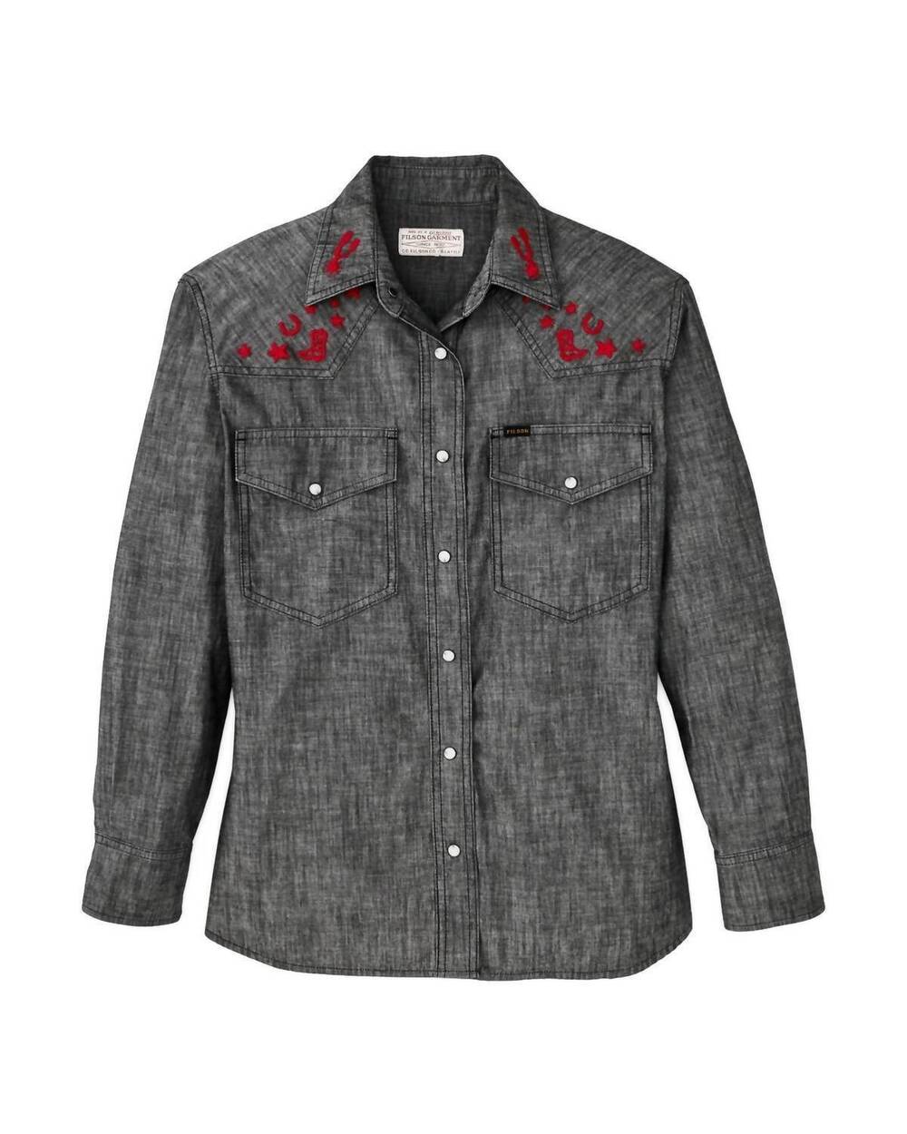 NEW FILSON women's embroidered shirt in black chambray / western